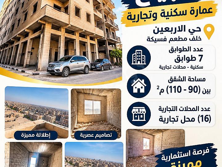 بناء سكني وتجاري عالعضم للبيع في حي الأربعين بحماة